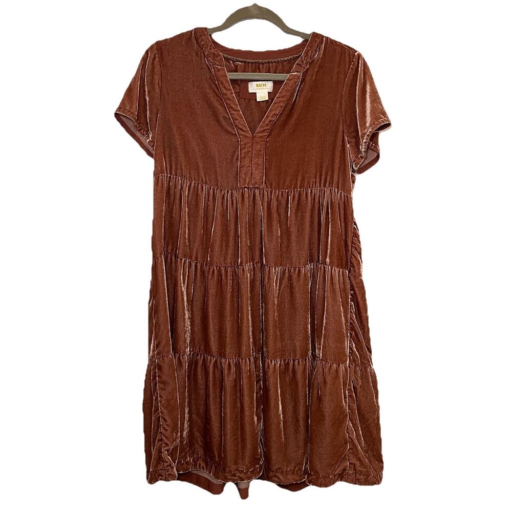 Anthropologie Maeve Harper Dress Size S Brown Mushroom Crushed Velvet Tiered